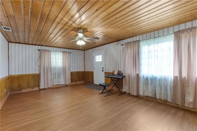 Unfurnished room featuring wood ceiling, ceiling f