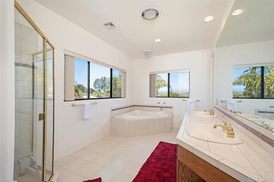 Master bathroom upstairs features separate shower and jacuzzi tub and dual vanities .