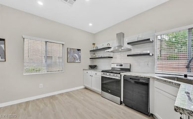 Kitchen with island exhaust hood, open shelves, wh