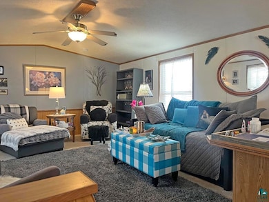 Carpeted living room with ceiling fan, crown moldi
