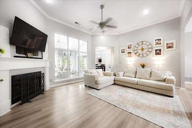 Living room with ceiling fan, a fireplace, wood fi