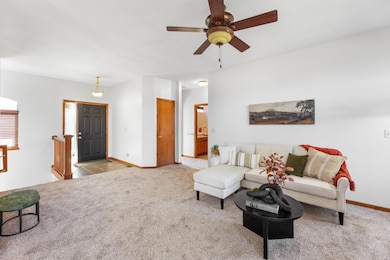 Living room with carpet and a ceiling fan