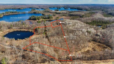 Aerial view of property and surrounding area with a large body of water, property boundaries highlighted, and a heavily wooded area
