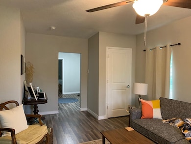 Living area featuring dark wood finished floors and ceiling fan