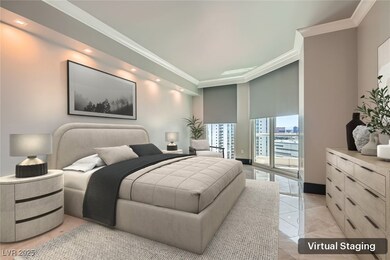 Bedroom featuring crown molding, access to exterio