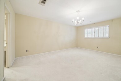 Spacious primary bedroom featuring a stylish chand