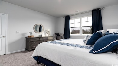 Bedroom with light colored carpet