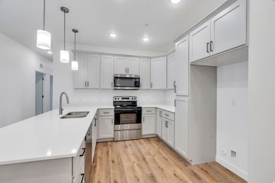 Kitchen with a peninsula, appliances with stainless steel finishes, hanging light fixtures, light wood finished floors, and recessed lighting