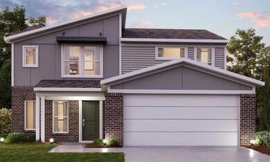 View of front facade with a garage, brick siding, driveway, and a shingled roof