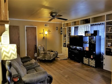 Living room features a ceiling fan, hardwood floor