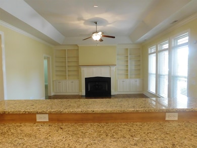 This wonderful Greatroom features a treyed ceiling, gas fireplace, custom built-ins and lots of natural light. 