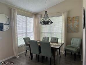 Dining area with lofted ceiling, hardwood / wood-s