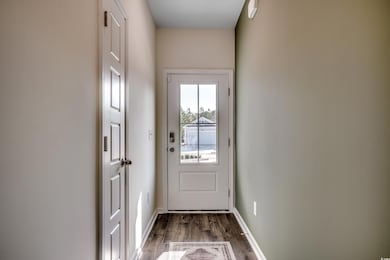 Doorway to outside with dark hardwood / wood-style