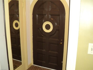 Classic arched front door with formal foyer with coat closet and vintage tile floor.