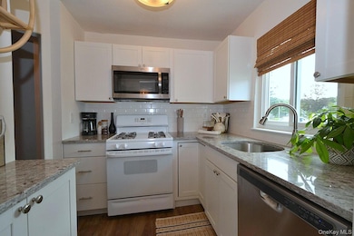 Kitchen with white cabinets, stainless steel appliances, light stone countertops, tasteful backsplash, and dark wood-style floors