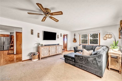 Living area featuring  light colored carpet, and a ceiling fan