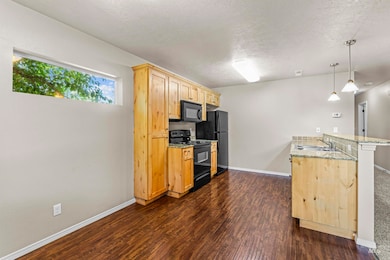 Kitchen with black appliances, dark wood finished floors, light brown cabinetry, a textured ceiling, and a peninsula