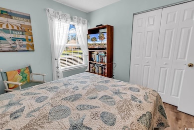 Bedroom with a closet, wood finished floors, and a