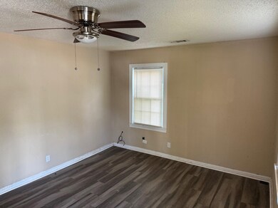 Unfurnished room with dark wood-style flooring, a textured ceiling, and a ceiling fan