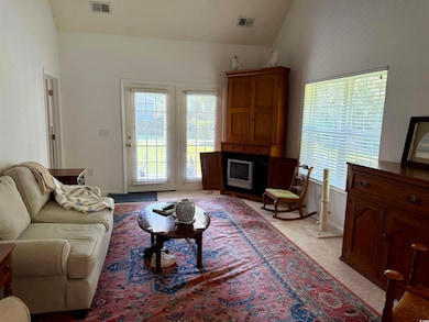 Living area featuring lofted ceiling and light colored carpet