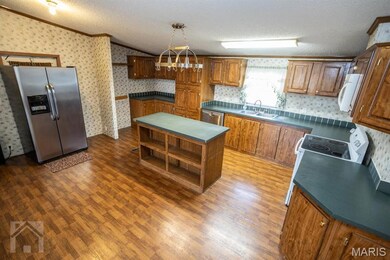 Kitchen with a textured ceiling, stainless steel & white appliances, vaulted ceiling, island, 2 double cabinet pantries, dark wood-type flooring, and molding trim.