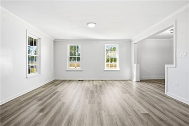 Empty room with crown molding and light wood-style floors