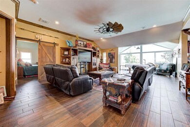 Living room featuring ceiling fan, a barn door, da