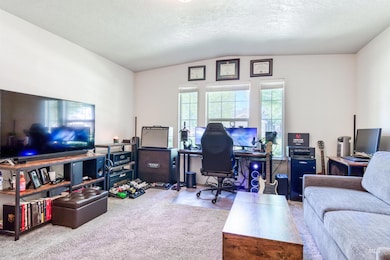 Carpeted office featuring lofted ceiling and a textured ceiling