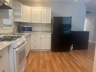 Kitchen with light wood-style flooring, freestandi