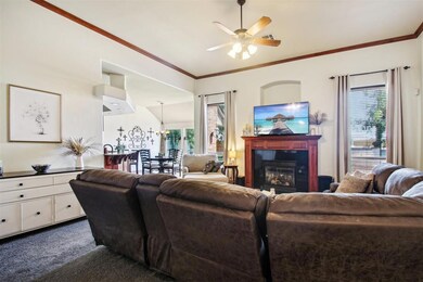 Living room with carpet flooring, a wealth of natu