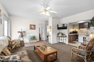 Carpeted living room featuring ceiling fan
