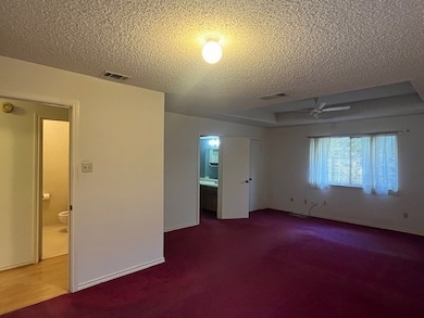 Spare room with a tray ceiling, carpet floors, a ceiling fan, and a textured ceiling