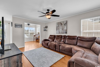 Living room with baseboards, a ceiling fan, light 