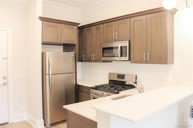 Kitchen featuring appliances with stainless steel finishes, crown molding, light wood finished floors, a peninsula, and decorative backsplash
