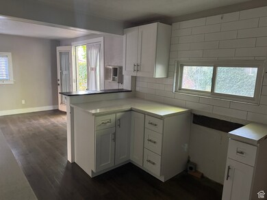 Kitchen featuring white cabinets, healthy amount of natural light, dark wood-style floors, and backsplash