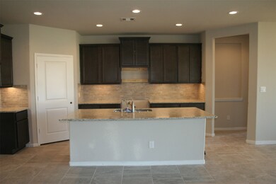 Spacious kitchen is coming together beautifully with granite counters, huge island, and subway style backsplash. Pantry is through the left side door and master bedroom entry is through the alcove on the right.