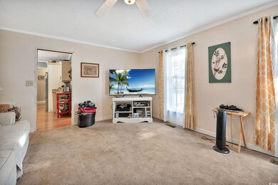 Living room featuring ceiling fan, carpet floors, 