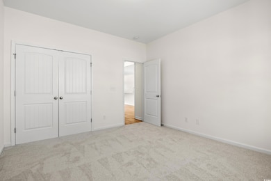Unfurnished bedroom with light carpet and a closet