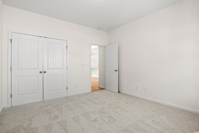Unfurnished bedroom with light carpet and a closet