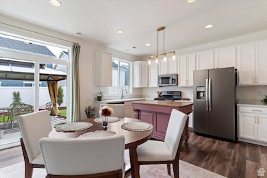 Kitchen with stainless steel appliances, white cabinetry, recessed lighting, dark wood finished floors, and pendant lighting