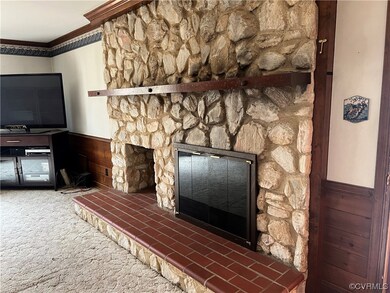 Details featuring a stone fireplace, carpet floori