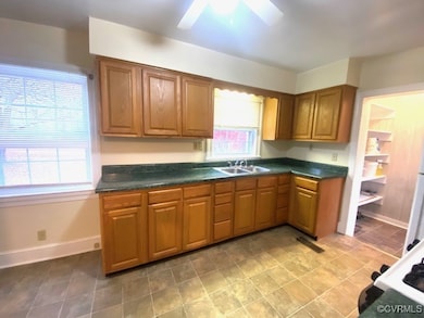 Kitchen featuring ceiling fan and sink