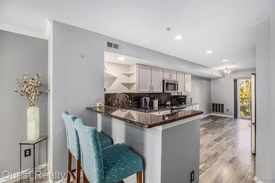 Kitchen featuring light wood-style floors, decorative backsplash, dark stone counters, stainless steel appliances, and a peninsula