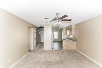 Kitchen featuring light carpet, light countertops, ceiling fan, a textured ceiling, and open floor plan