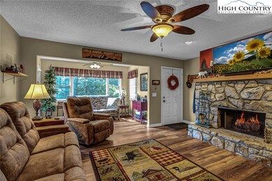 Living room with wood burning stone fireplace
