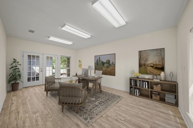 Featuring ceiling mounted lighting and French door