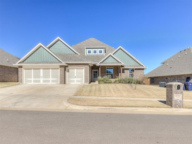 Craftsman-style house with roof with shingles, driveway, a garage, board and batten siding, and brick siding