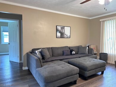 Living room with ceiling fan, crown molding, and dark hardwood / wood-style floors