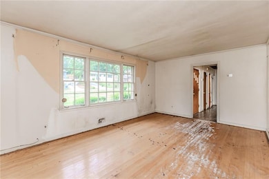 Spare room featuring wood-type flooring, ornamental molding, and baseboards