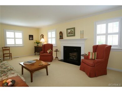 Living room features wood burning FP, 4 windows wi